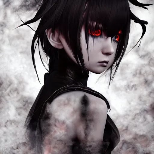 Image similar to photorealistic full shot portrait of angry darkness anime girl, worrying eyes, inspired by Tim Burton, detailed, unreal engine 4k volumetric light, fog,
