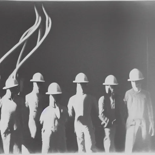 Prompt: tall shadowy faceless creatures with long limbs wearing hard hats