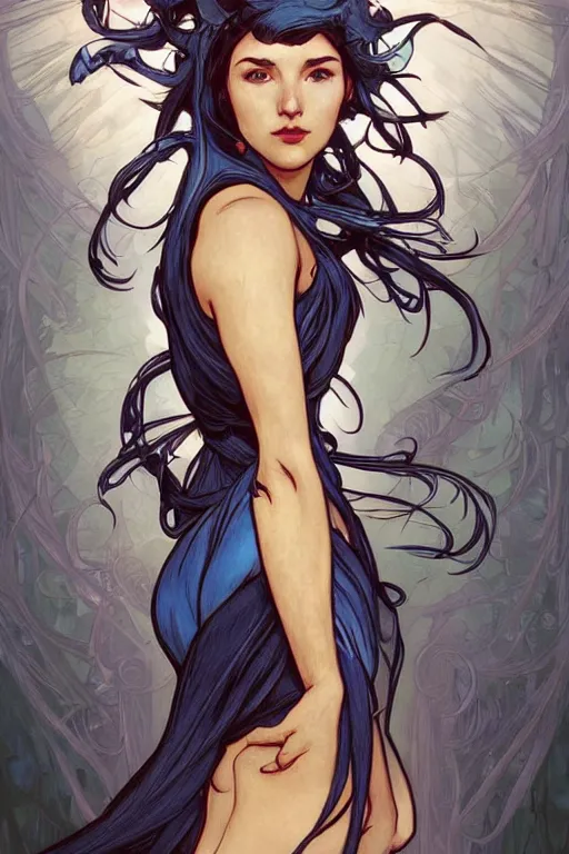 Image similar to fullbody!! dynamic action pose illustration, art by artgerm and greg rutkowski and alphonse mucha, beautiful woman with blue hair, antlers on her head, long flowing intricate black dress, dnd, face, fantasy, intricate, elegant, highly detailed, digital painting, artstation, concept art, smooth, sharp focus,