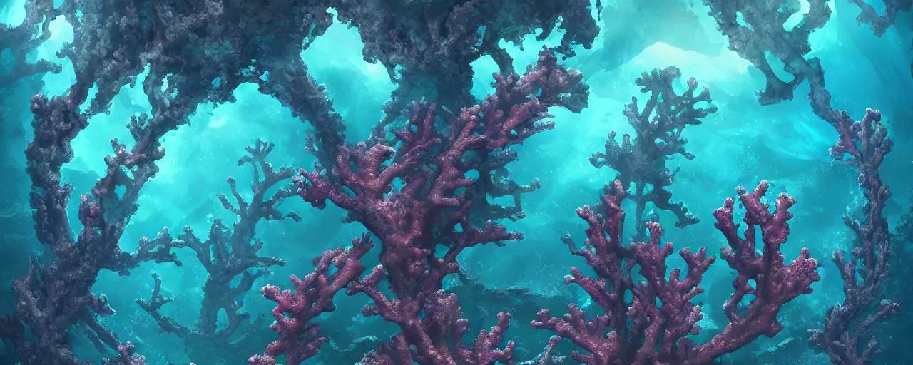 Prompt: alien underwater coral reef, lush alien underwater pillars, Christian Cline, Alex Ries, digital art