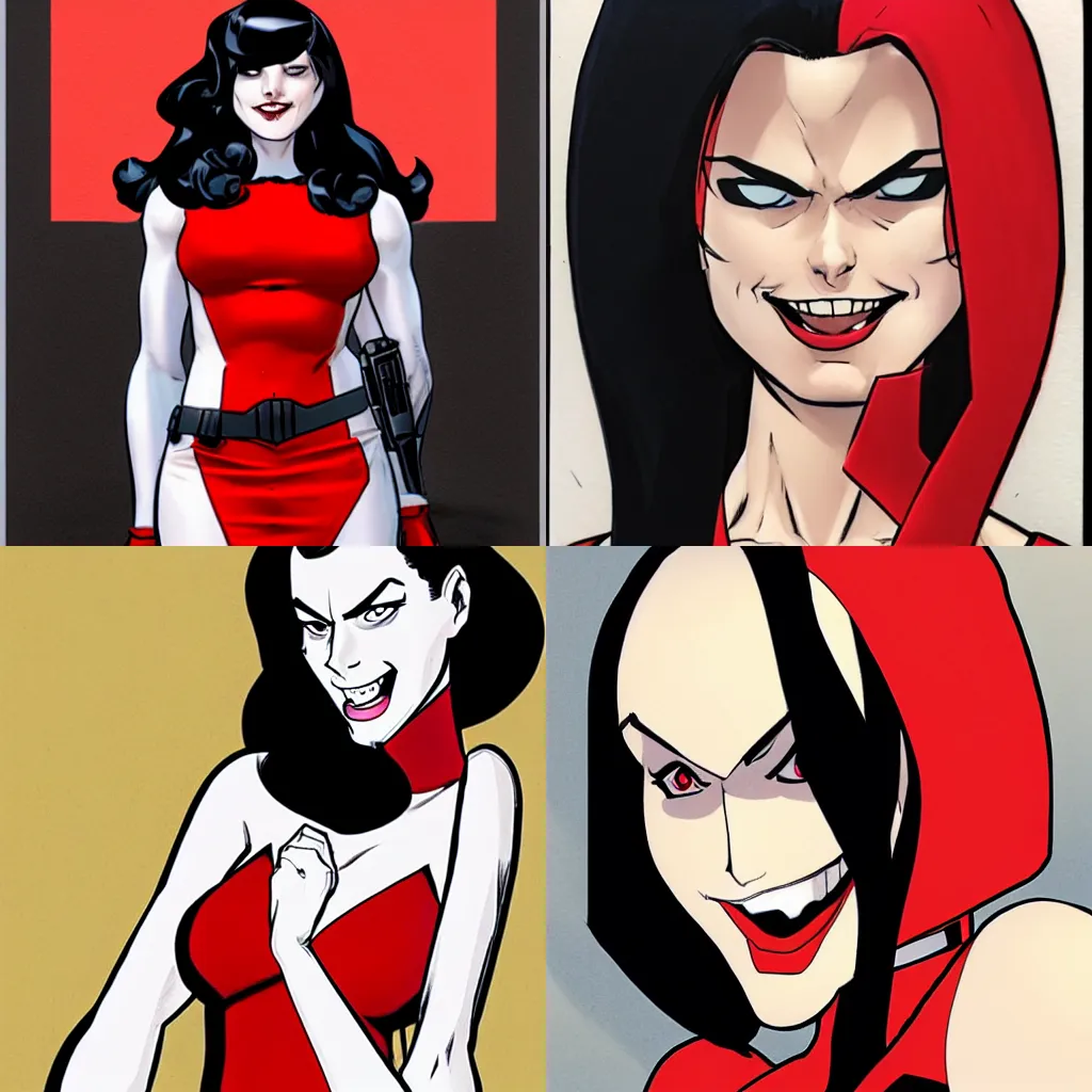 Prompt: in the style of Phil Noto, Pale skin female Domino from marvel comics, wearing a red dress, smile