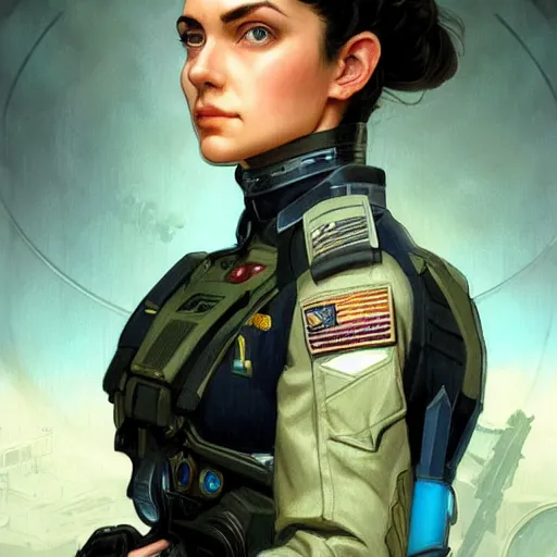 Prompt: woman dressed in scifi military uniform with black hair and blue eyes, elegant, digital illustration, detailed, intricate, sharp focus, digital painting, deep focus, digital painting, artstation, concept art, matte, art by artgerm and greg rutkowski and alphonse mucha