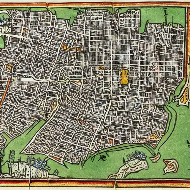 Image similar to medieval manuscript isometric map of london, detailed, illuminated illustration woodcut