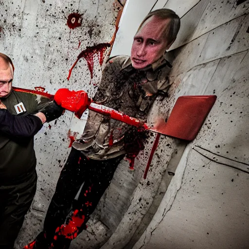 Image similar to putin with a chainsaw and a corpse. in a concrete bunker. focus on putins face with blood splatters. canon eos r 3, f / 1. 4, iso 1 6 0 0, 1 / 8 0 s, 8 k, raw, grainy