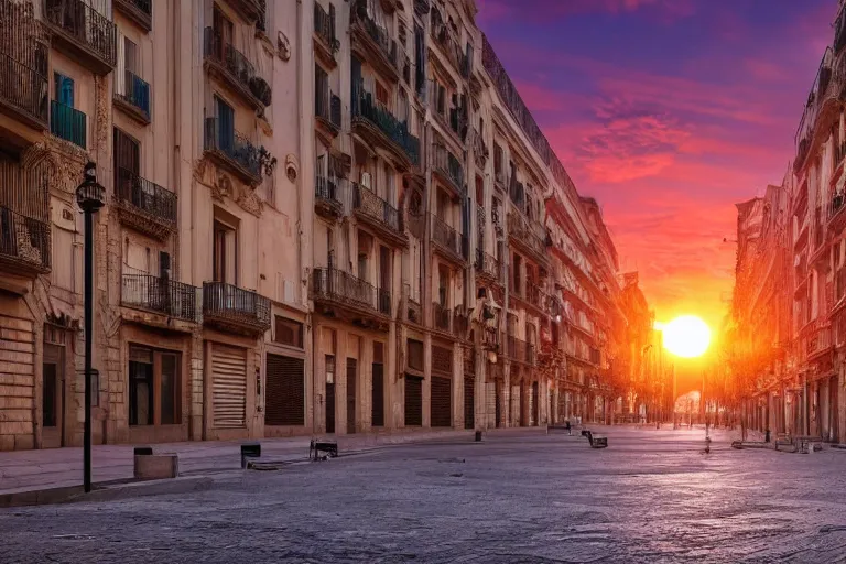 Image similar to dystopian barcelona city with sinked streets, global warming, sunset lighting, photoreal