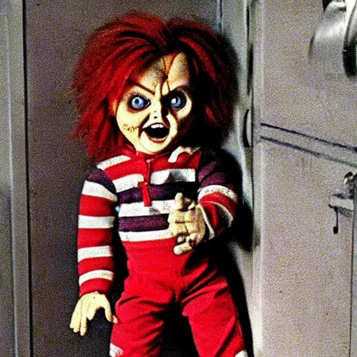 Image similar to Chucky the killer doll from the movie Child's Play standing in the yard