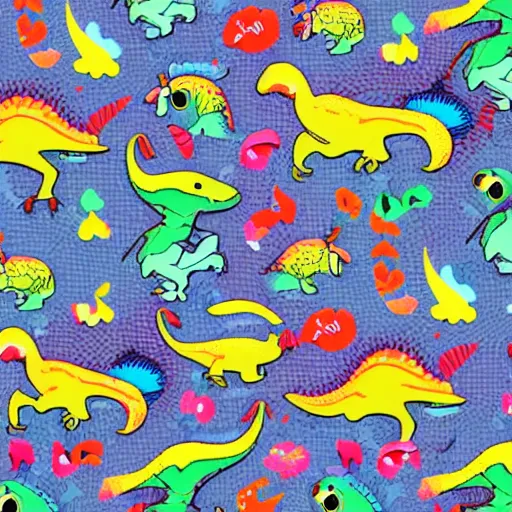 Image similar to a colourful dinosaur pattern in the style of murakami