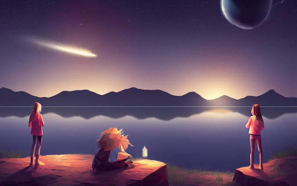 Prompt: girl staring at a meteorite hitting a calm lake at night by wlop, low poly art, ultra detailed color art, high detail, digital art