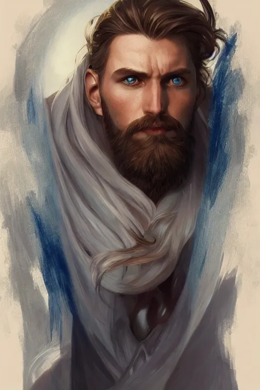 Image similar to beautiful Aryan man staring straight ahead with blue eyes and long hair and a goatee, elegant, highly detailed, digital painting, artstation, concept art, smooth, sharp focus, illustration, art by artgerm and greg rutkowski and alphonse mucha