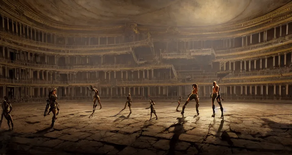 Image similar to lara croft exploring the stage of an italian opera house with numerous musclebound male goons patrolling the area, by wlop and greg rutkowski, extremely detailed shading, concept art, digital painting, trending on artstation, unreal engine 5, octane render, atmosphere, lens flare, glow, cinematic lighting, full of color