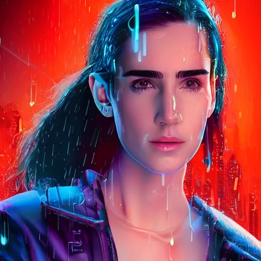 Image similar to young cyberpunk jennifer connelly, cartoon portrait made out of rain, realistic, highly detailed, neon, rendered in octane, unreal engine, rain, beautiful, trending on artstation, emotional