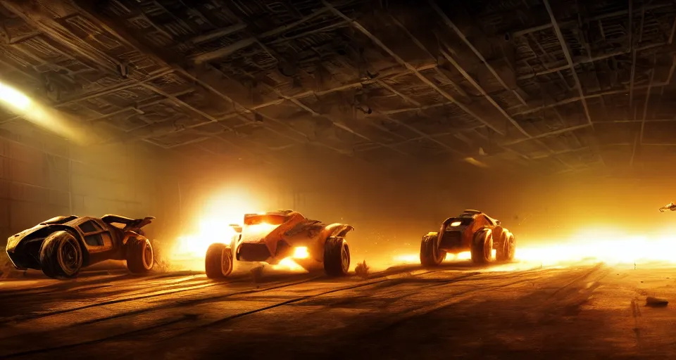 Prompt: macro closeup photo of halo warthogs being chased in a post apocalyptic warehouse factory at night, smoke, dust, embers, mad max, action, rocket league, volumetric lighting, hdr, need for speed, gta 5, ridley scott, syd mead, craig mullins, cinematic, octane