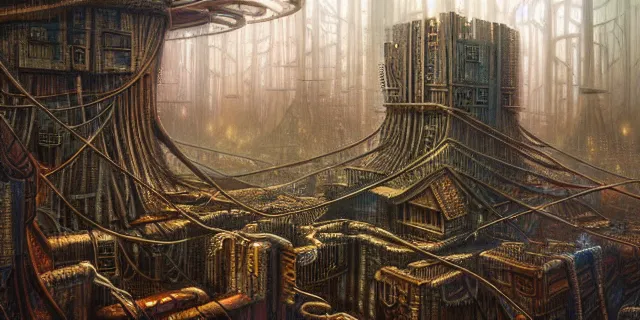 Image similar to painting of redwood forest labyrinth consuming cyberpunk metropolis in the style of steampunk by dan seagrave and tomasz alen kopera