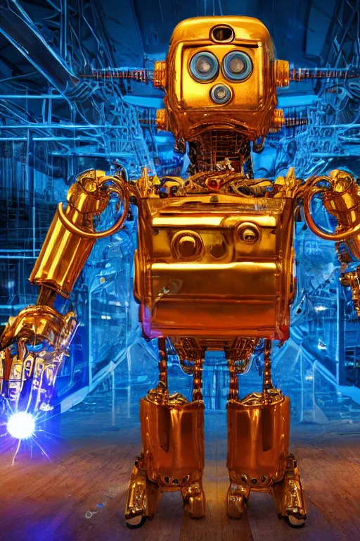 Image similar to portrait photo of a giant huge golden and blue metal humanoid steampunk robot with big gears and tubes in pieces all over the floor, eyes are glowing red lightbulbs, shiny crisp finish, 3 d render, 8 k, insaneley detailed, fluorescent colors, background is multicolored lasershow