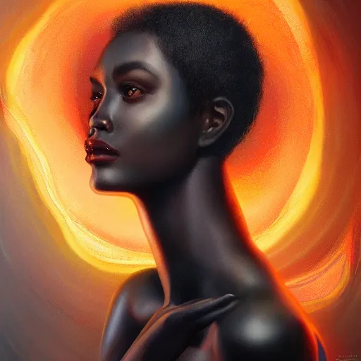 Prompt: a beautiful portrait of a flame god by Jim Burns and Tom Bagshaw, black skin, Trending on Artstation, Flaming Background