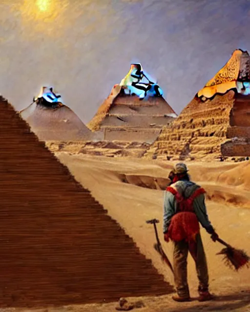 Image similar to detailed painting of an american lumberjack in front of the gizeh pyramids of egypt, greg rutkowski, magali villeneuve and monet