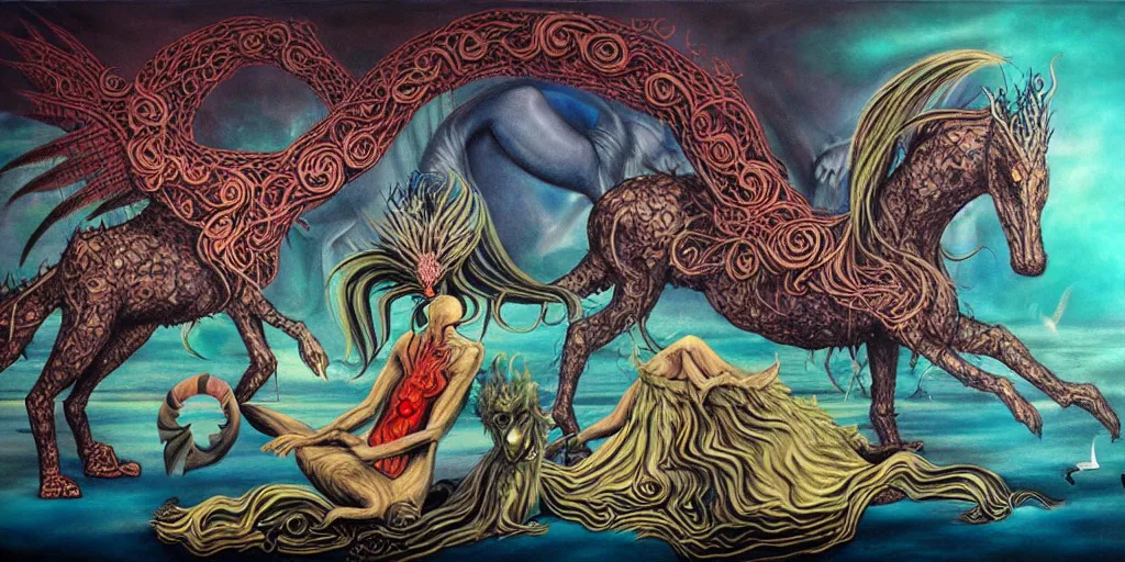 Image similar to mythical creatures and monsters in the imaginal realm of the collective unconscious, surreal mixed media painting by ronny khalil