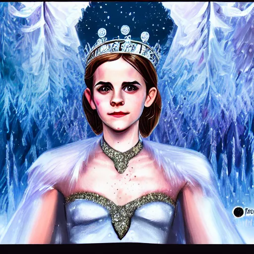 Prompt: Portrait shot of Emma Watson as the Queen of Ice, Ice crystal armor, snow falling, concept art, 4k, digital art, trending on art station, hd, doll, colorful backdrop