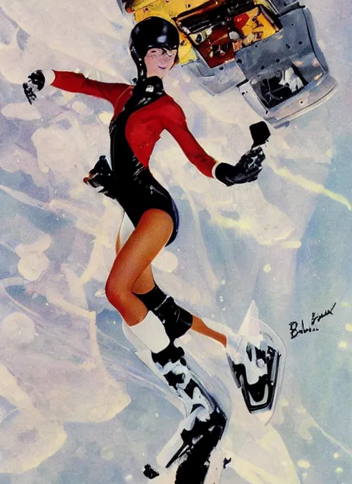 Prompt: a copic maker illustration of a high speed ice skater girl wearing an eva pilot suit designed by balenciaga by john berkey, norman rockwell