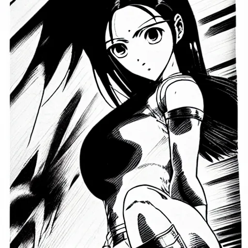 Image similar to alita by yukito kishiro. medium shot. black and white manga. pencil drawing.