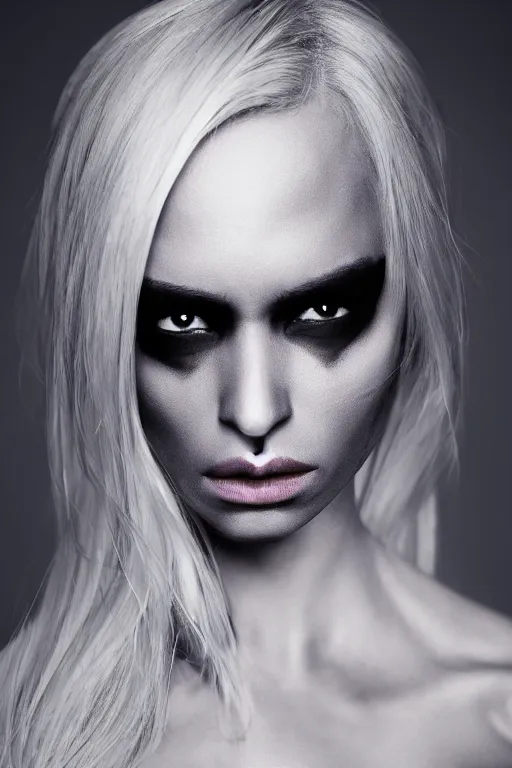 Image similar to very angry female drow envoked by hugo boss for modeling in hugo boss clothes, luxury materials, symmetrical, cinematic, elegant, professional studio light, real dlsr photography, sharp focus, 4 k, ultra hd, sense of awe, high fashion