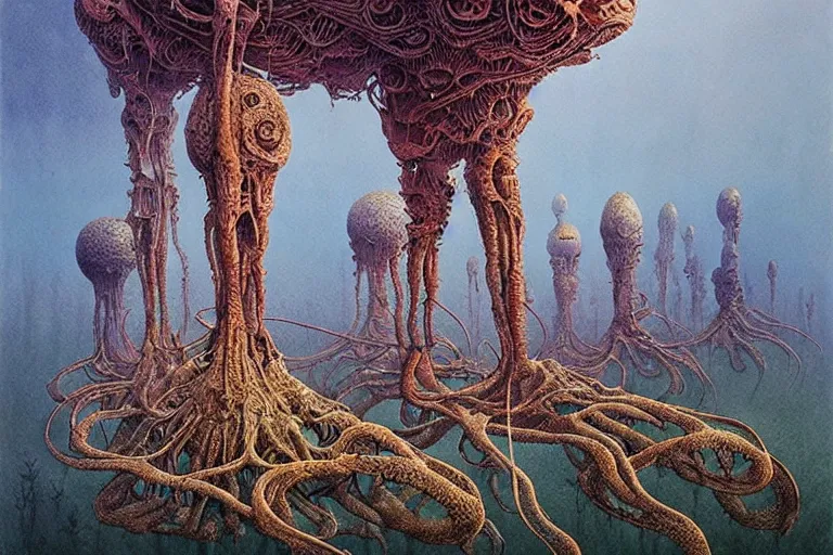 Image similar to a surreal and awe - inspiring science fiction landscape, alien plants and animals, intricate, elegant, highly detailed watercolor painting by beksinski and simon stalenhag