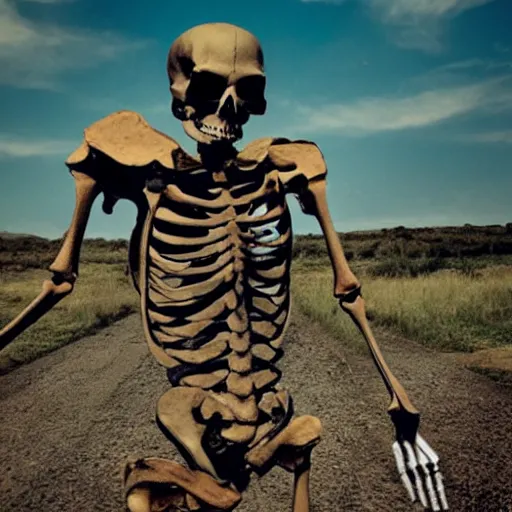 Image similar to a giant skeleton walking swaggerly