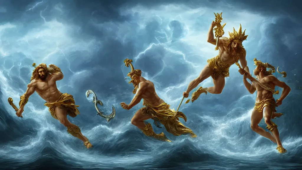 Image similar to Character concept art, Digital Paint, Zeus fighting Poseidon, Character Design, Digital Art, Gold Light, Blue Mist, Divine, Sky, 8K, ornate, Trending on Artstation, in the style of James Jean