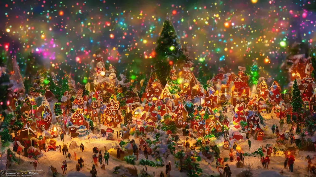 Prompt: gingerbread candy village, colorful, fantasy, fairytale, forest, fireflies, flowers, halloween, christmas, snow, hansel and gretel, bokeh, medium shot, depth of field 1 0 0 mm, cinematic scene, studio quality, unreal engine, octane render, trending on artstation, artgerm, cgsociety