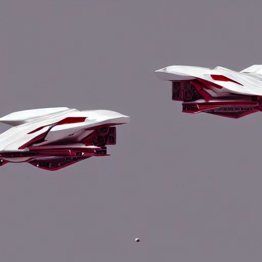 Prompt: two sleek white long spacecraft with red details, no wings, flying over the surface of mars, highly detailed, photorealistic, cinematic, sci-fi, octane render