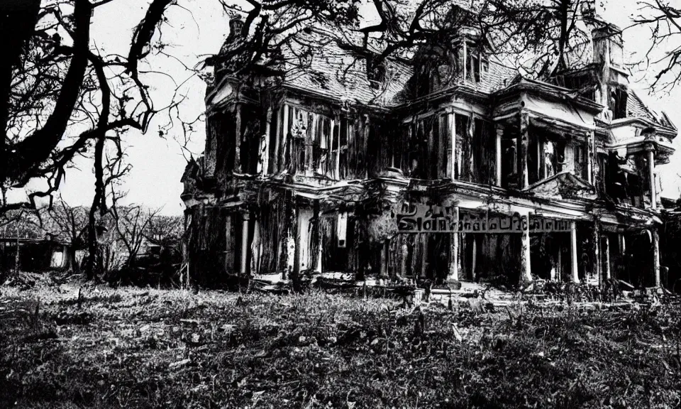 Image similar to 35mm film still, Resident evil mansion, zombie, spooky, horror, old, dirty, reversal film stock