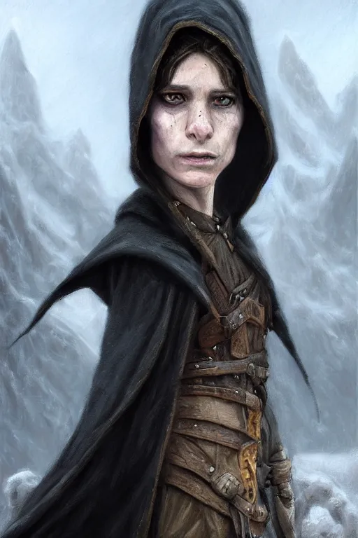Prompt: a full body high detail fantasy portrait oil painting illustration of a small pale rogue by justin sweet with black cloak, face and body clearly visible, in a scenic background, visible pupils, realistic proportions, d & d, rpg, forgotten realms, artstation trending, high quality, sombre mood, artstation trending, muted colours, entire person visible!