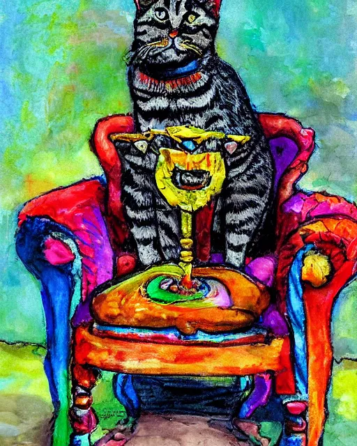 Image similar to cat king on cat throne colorful wayne thibaud portrait