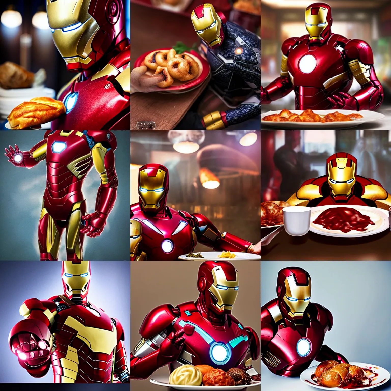 Prompt: iron-man is eating vareniki russian food, hyper-realistic, photorealistic, cinematic, studio lighting