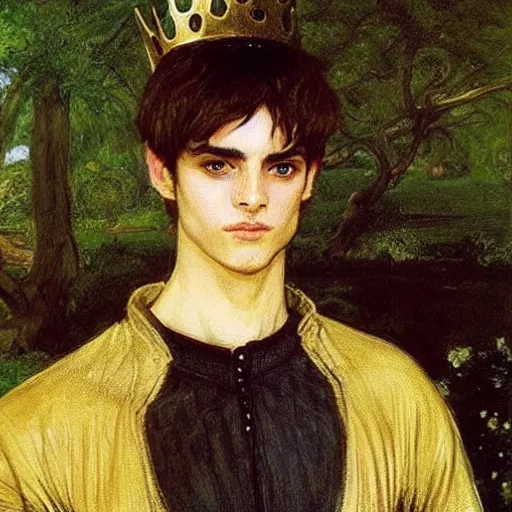 Image similar to painting of handsome beautiful medieval prince in his 2 0 s named shadow wearing a golden crown, elegant, soft facial features, delicate, clear, sharp focus, painting, stylized, art, art by john everett millais, john william waterhouse