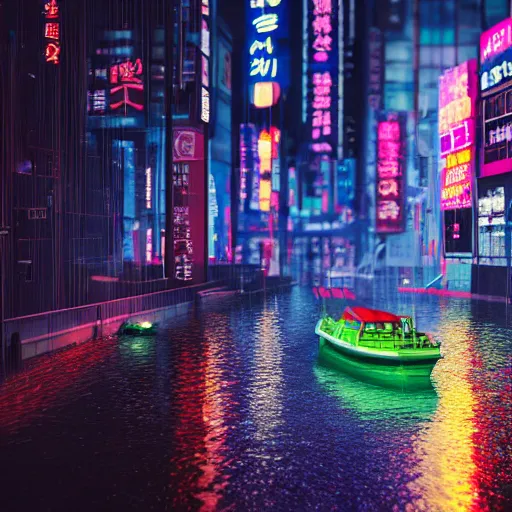 Prompt: cyberpunk flooded rainy south korea, seoul, boat, reflections, cinematic lighting, photorealistic, trending on artstation, storefronts made of neon lights, hyper realistic rendering photography, unreal 5 engine render, ultra wide angle, long shot, 8 k