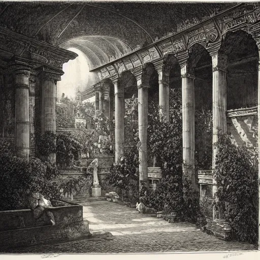 Image similar to the hanging gardens of babylon, gustave dore lithography