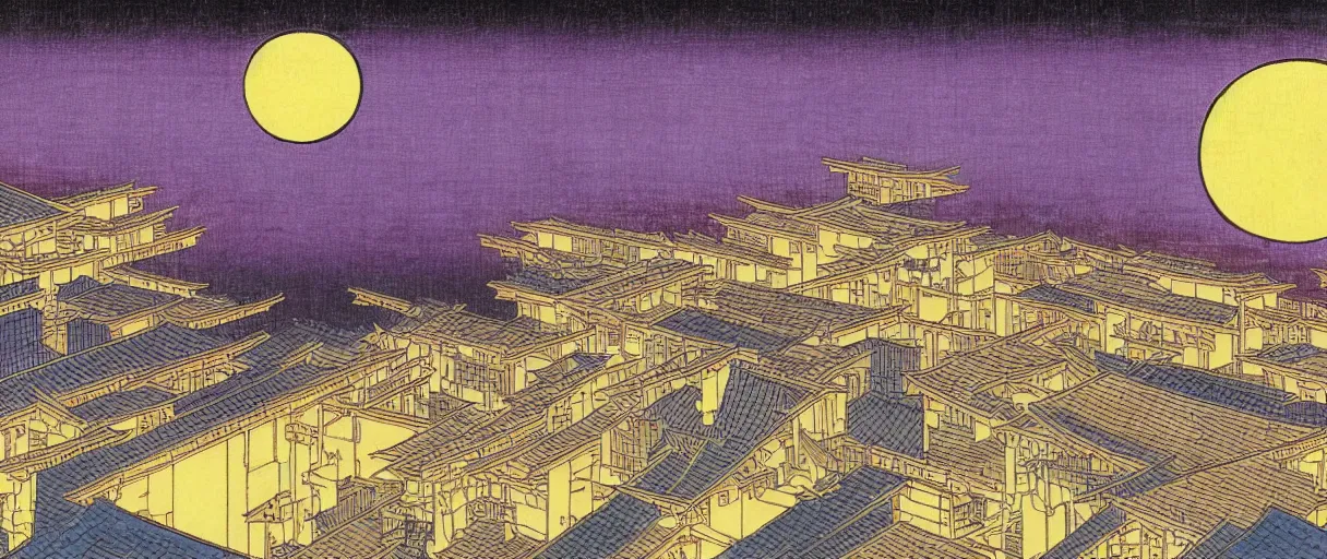 Image similar to a Ninja secretly jumping from one rooftop to another at night, purple sky, yellow moon, highly detailed ukiyoe by Utagawa Hiroshige