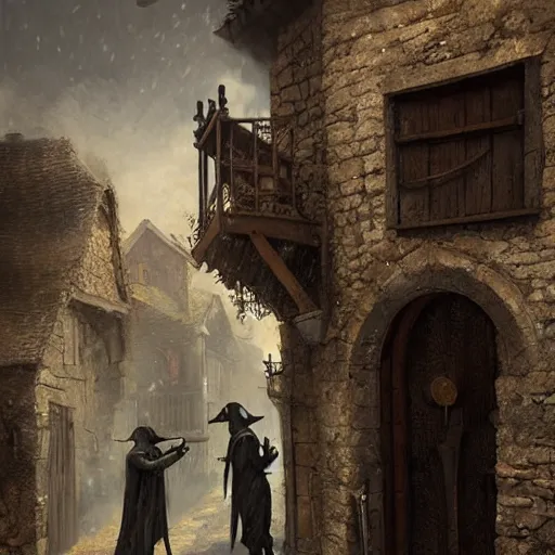 Image similar to Plague Doctor in a medieval village by Greg Rutkowski, photorealistic, volumetric lighting, HD, subtle details, dramatic