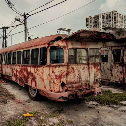 Image similar to low wide angle shot of dilapidated fallout 5 miami, tropical coastal city, desolate, dilapidated neon signs, few rusted retro futuristic vintage parked vehicles like cars, buses, trucks, trams, volumetric lighting, photorealistic, fog, daytime, autumn, overcast weather, sharp focus, ultra detailed, 4 0 0 0 k