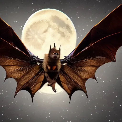 Prompt: manbat with huge wings flies, moonlit night, fantasy, wide angle, 8 k high definition, insanely detailed, intricate, elegant