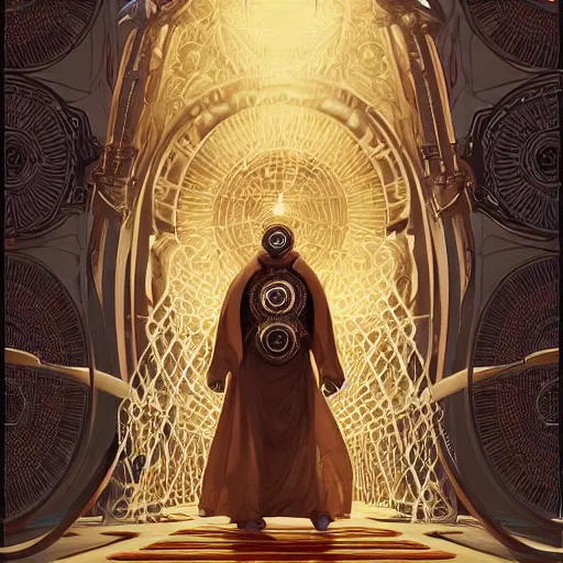 Image similar to symmetry!! an african moor wearing white robes and turban entering the voidspace. ornate, golden, steampunk stargate. front game card. marvel comics. dark. intricate. highly detailed. smooth. artstation. digital illustration by ruan jia, mandy jurgens, artgerm, wayne barlowe, greg rutkowski, and zdislaw beksinsk.