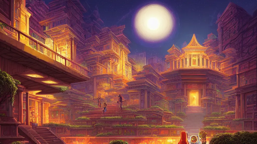 Image similar to street view of gigantic temple city at night by cyril rolando and naomi okubo and dan mumford and ricardo bofill