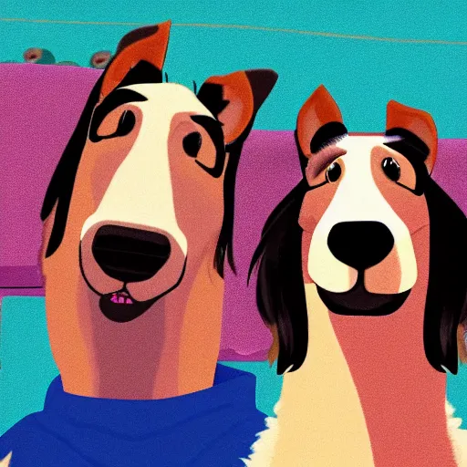 Prompt: a screenshoot of the show bojack horseman of a couple of shetland sheepdog in a style of bojack horsman