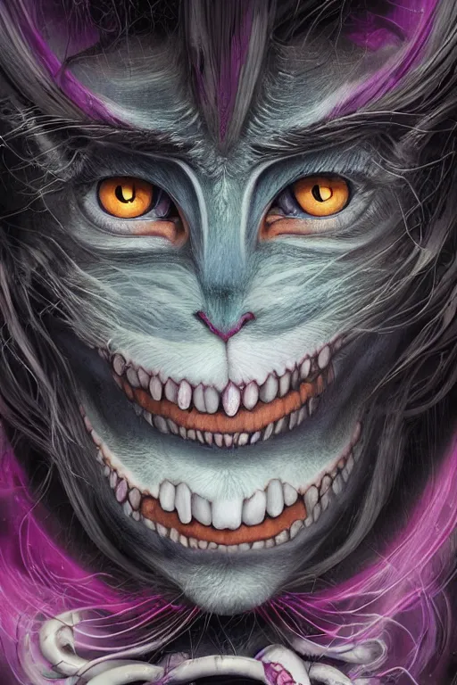 Image similar to dream portrait of Cheshire Cat from Alice in Wonderland,full character, melting ,8k,by tristan eaton,Stanley Artgermm,Tom Bagshaw,Greg Rutkowski,Carne Griffiths, Ayami Kojima, Beksinski, Giger,trending on DeviantArt,face enhance,hyper detailed,minimalist,cybernetic, android, blade runner,full of colour