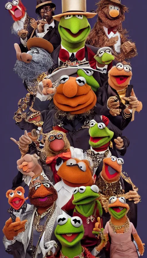 Prompt: the muppets are are gangsta rappers on stage at a concert, dressed in ornate hip hop clothing and wearing gold necklaces and bling, intricate, highly detailed, digital painting, artstation, symmetrical, concept art, smooth, sharp focus, illustration, unreal engine 5, 8 k, art by artgerm and greg rutkowski and alphonse mucha