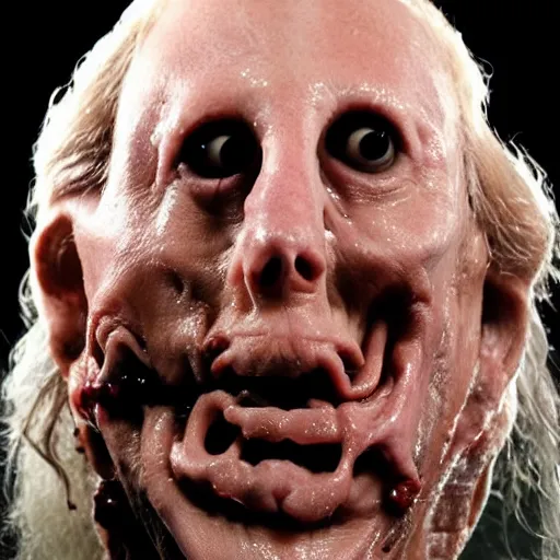 Image similar to the melting slimy face of villain mitch mcconnell horror flesh monster. horror film production photograph.