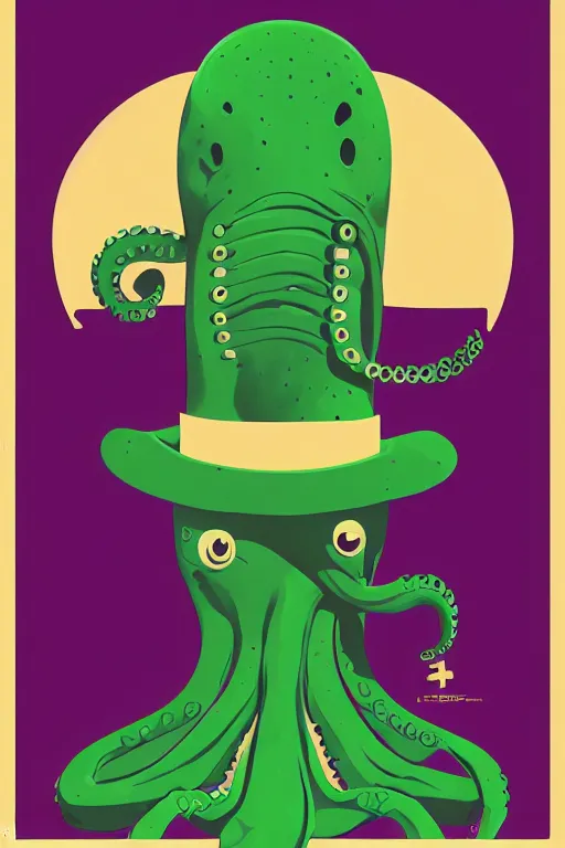 Prompt: a movie poster for the film (green octopus wearing a top hat) by Tom Whalen, highly detailed, award winning creature portrait, surrealism, artstation