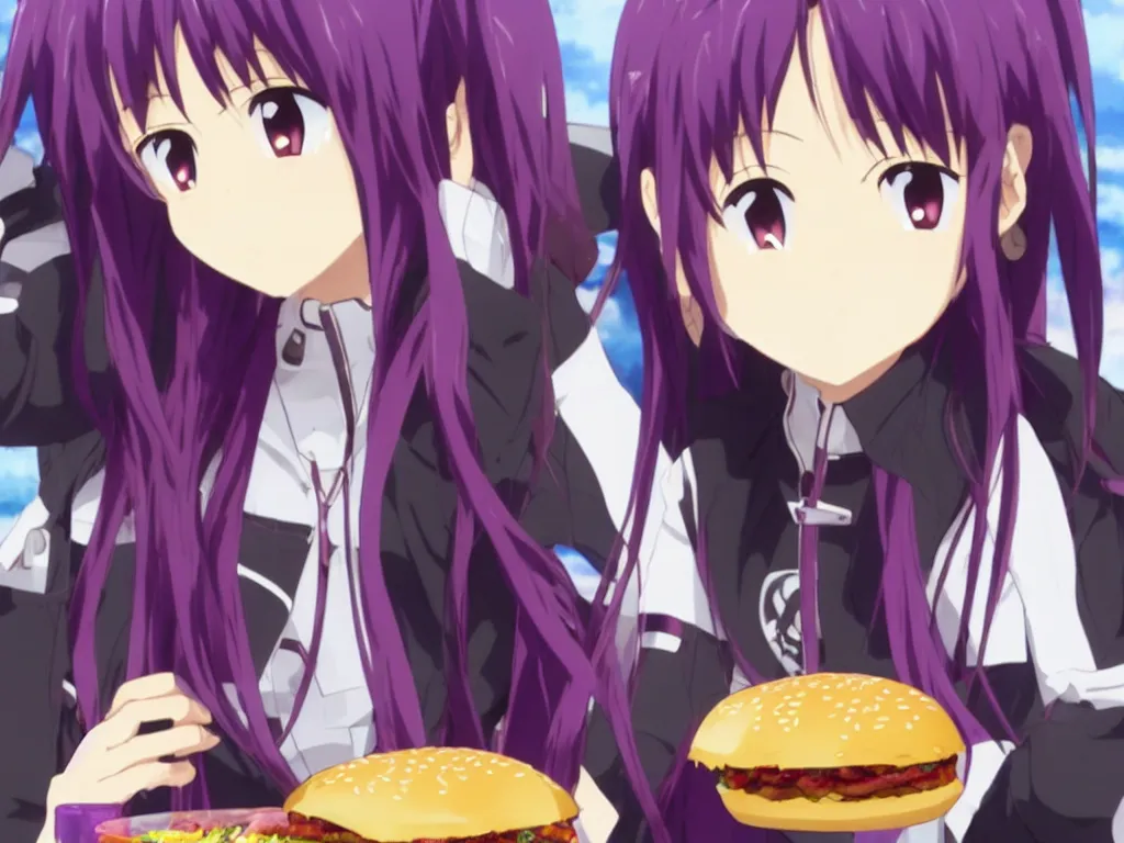 Image similar to yuuki konno from sword art online eating a big burger and being happy, purple hair, High Definition detail, 8K, anime