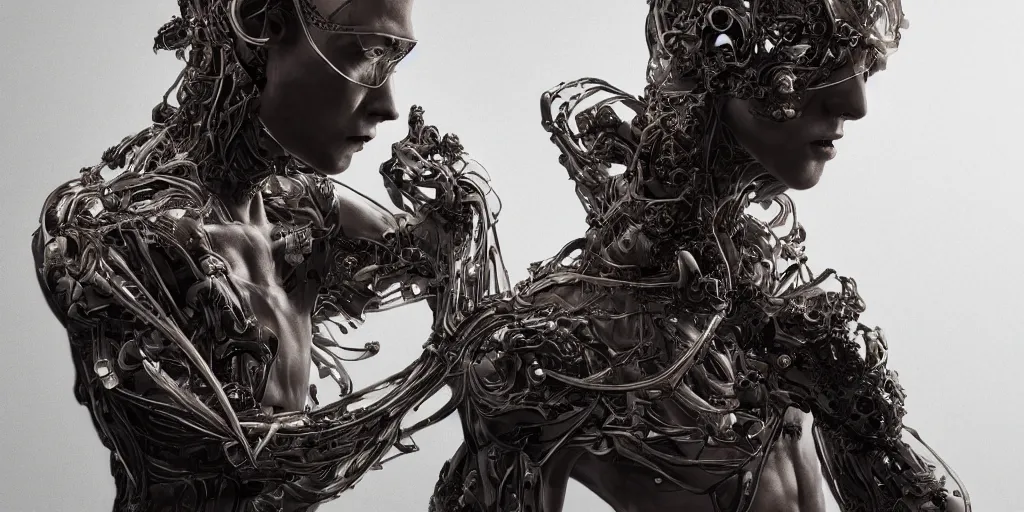 Prompt: hyper realistic photography of a stunningly beautiful cyborg male, elbow, thy, intimate, holding close, in the style of beth cavener, jin kagetsu,, and wlop, highly detailed, intricate filigree,, masterpiece, award winning, sharp focus, concept art, ringflash lighting, ambient lighting, octane render, 8 k, artstation